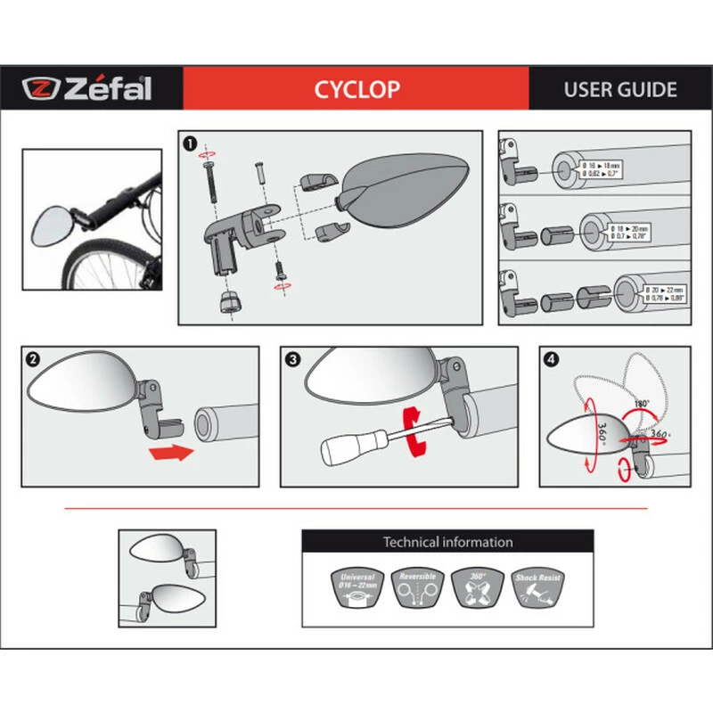 Zéfal Zéfal Rückspiegel Cyclop, Schwarz, Links/rechts, Klappbar – Bild 3